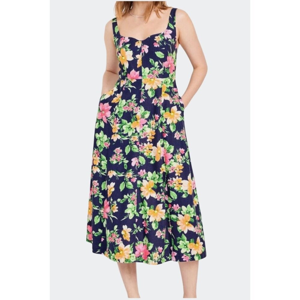 Old Navy Womens Navy Blue Floral Fit & Flare Linen Blend Midi Dress Size Medium